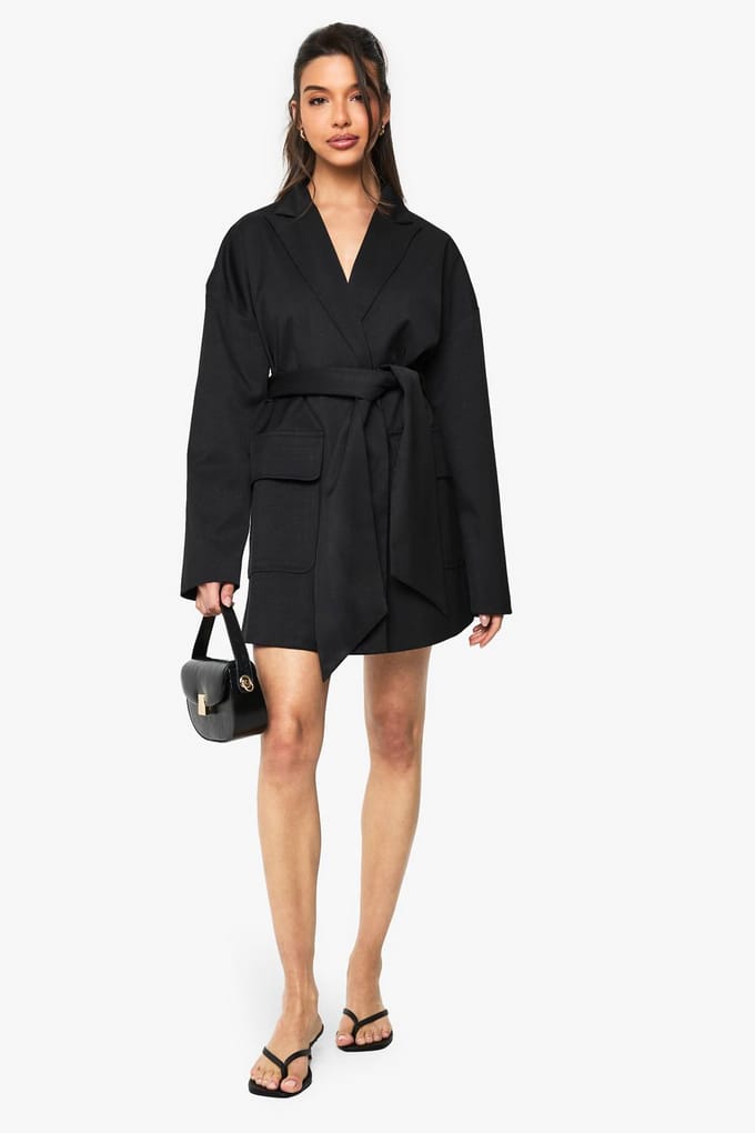 boohoo Dames Op Maat Gemaakte Oversized Wrap Blazer Jurk | Black | Maat: 8