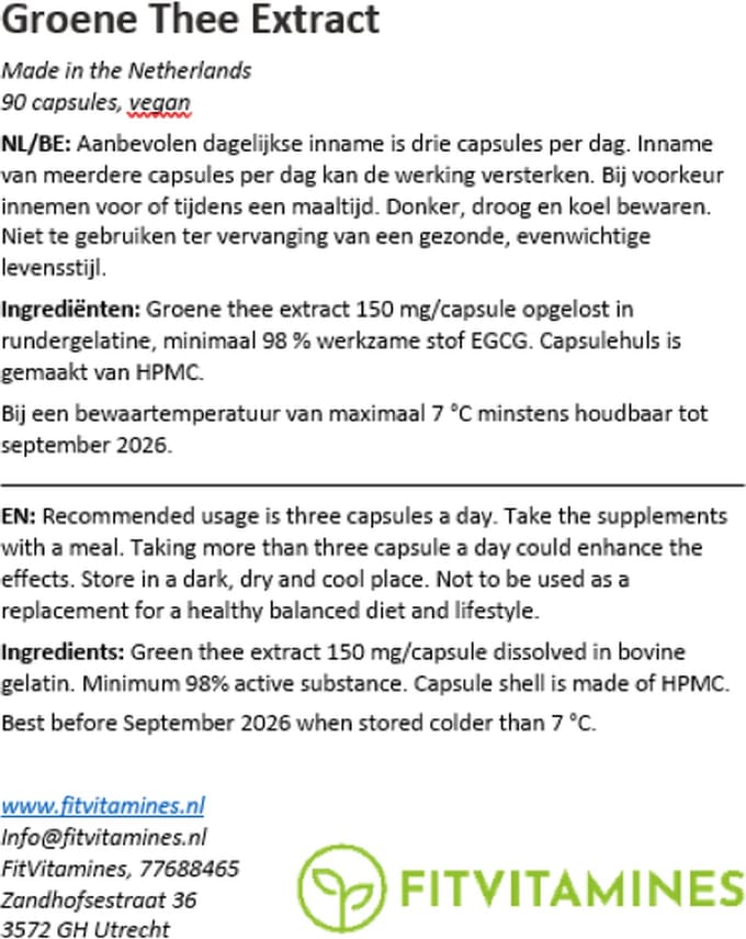 Groene Thee Extract | 150 mg EGCG 98% zuiver | 90 capsules (HPMC)