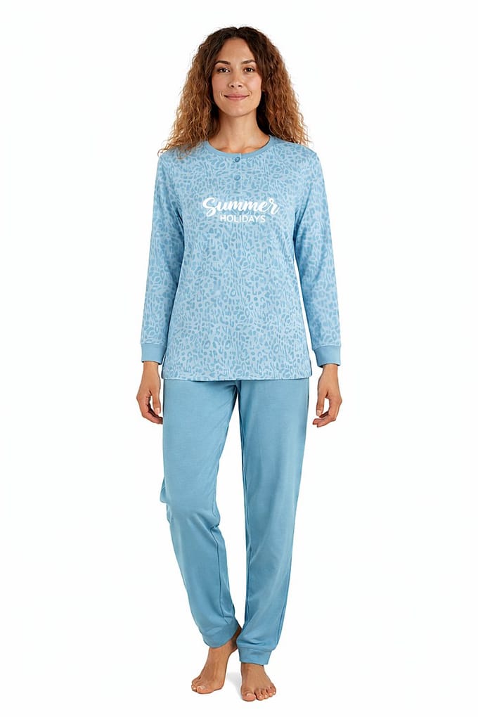 Dames pyjama katoen - turqouise - cheeta - Maat S