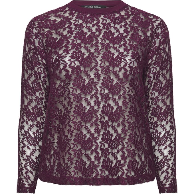 Limited Collection Paarse Mesh Top Met Kant En Lange Mouwen Size 42