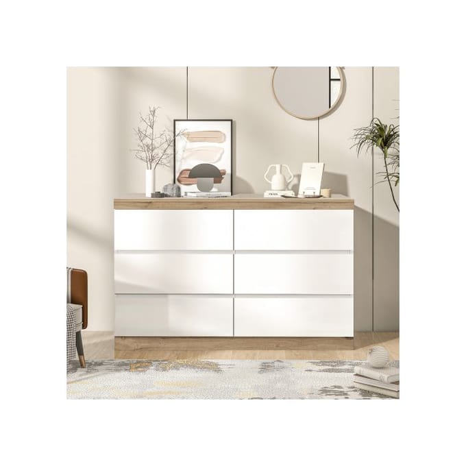 Commode - MUVOE - 6 Lades - Wit + Eiken - Spaanplaat E1 - Klassieke Stijl wit