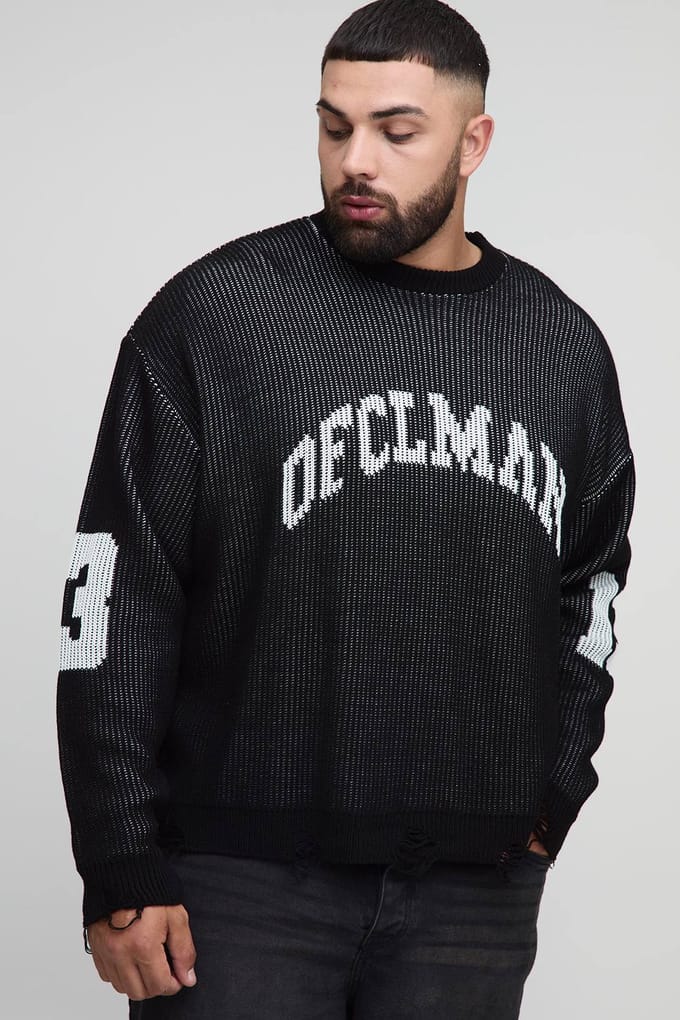 Plus Ribbed Knit Oversized Distressed Varsity Jumper | Black | Size 2XL