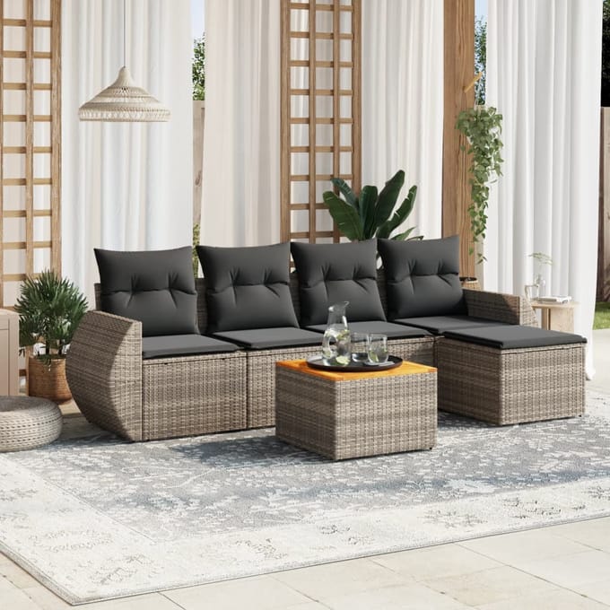 vidaXL - 6-delige - Loungeset - met - kussens - poly - rattan - grijs