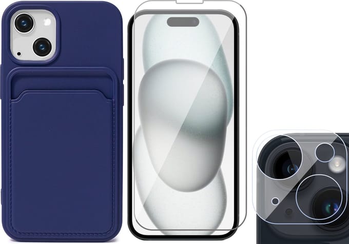 Hoesje Pasjeshouder geschikt voor iPhone 15 Plus - Screenprotector GlassGuard + Camera Lens Screen Protector - Siliconen Case Back Cover Blauw