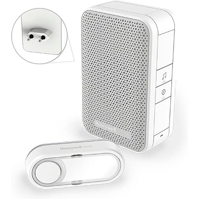 Honeywell DC311SP2 draadloze plug-in deurbel met horizontale beldrukker 4 melodieën 84 dB 150 meter wit