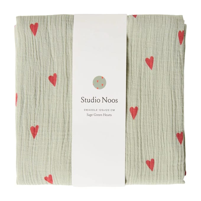 Studio Noos hydrofiele doek sage green hearts 120 x 120