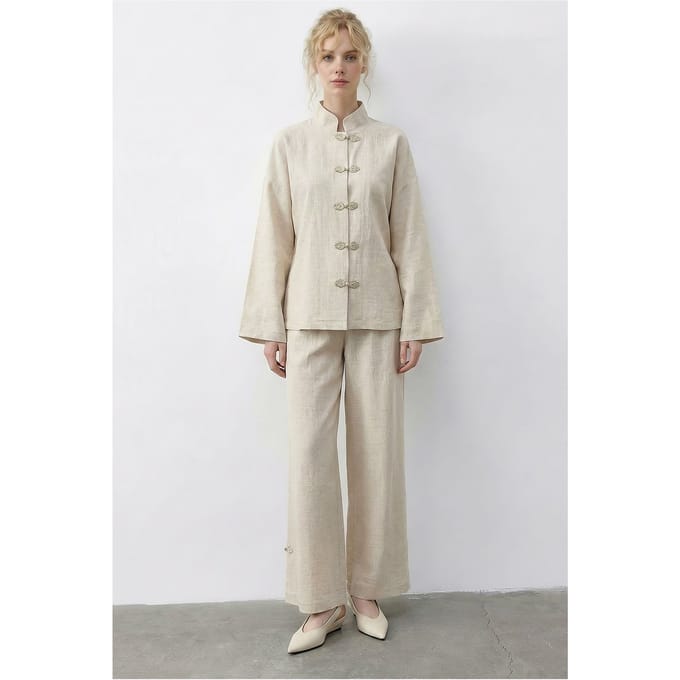 Hoge taille wijd been twee-delige co-ord set met mandarin kraag