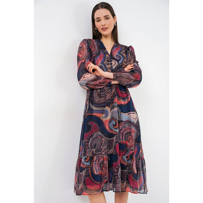 V-hals Midi-jurk met knoopsluiting