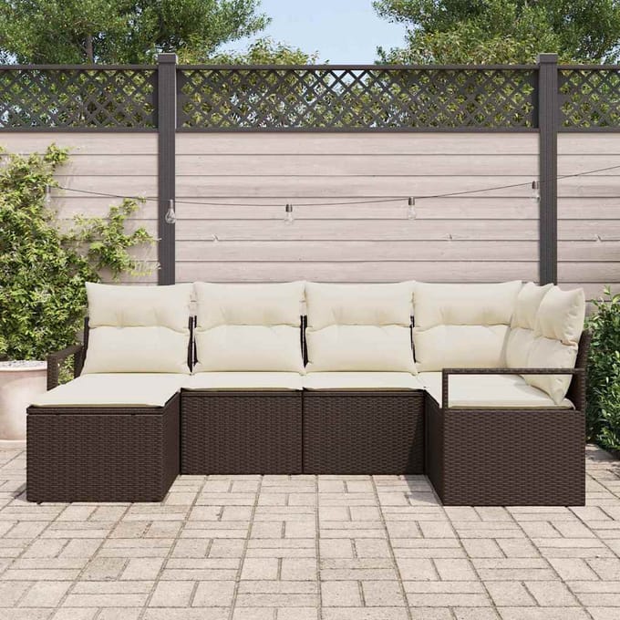 vidaXL Bankstel met kussen met opslag 6 pcs Bruin en Crème poly rattan