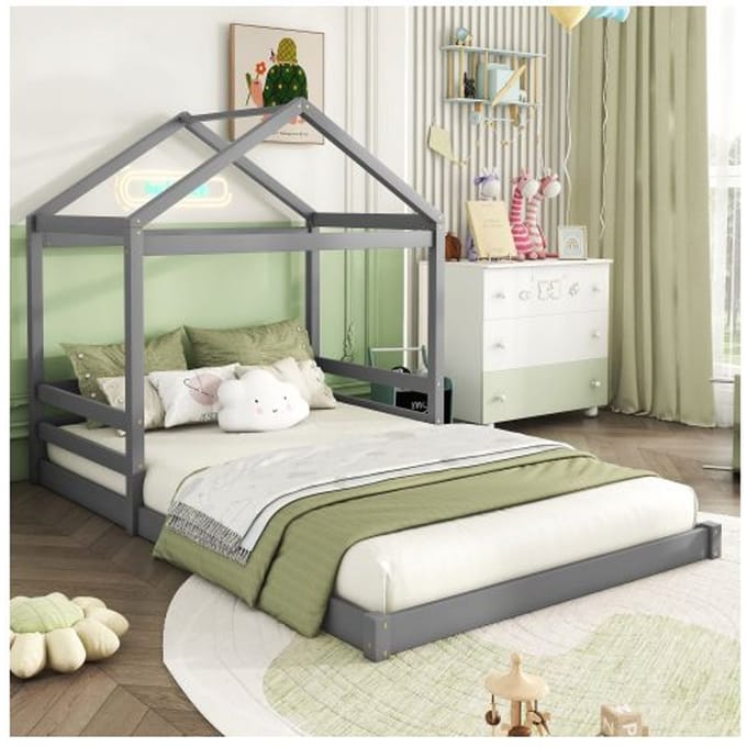 Kinderbed - MUVOE - 140 x 200 cm - Massief hout - Huisvormig ontwerp - Grijs grijs