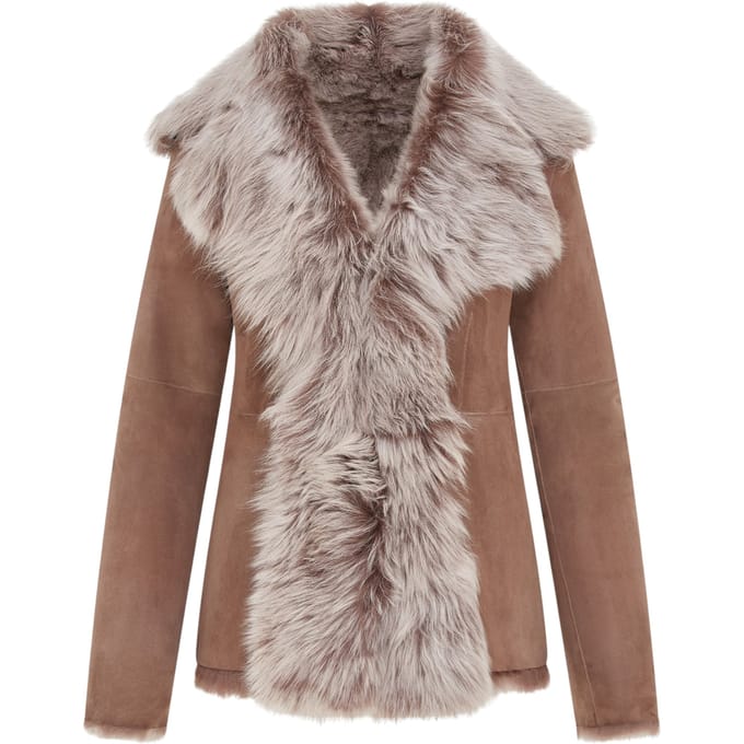 Dames Taupe Schapenvacht Toscana Shearling Suède Leren Jas - Noiré