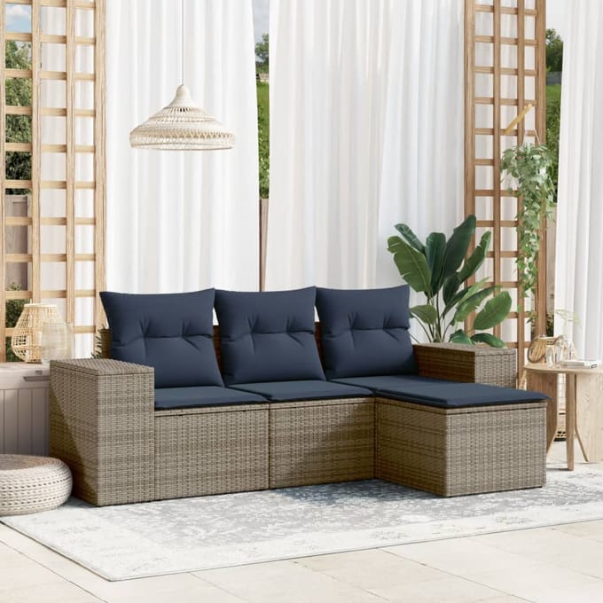 vidaXL - 4-delige - tuinbankset - met - kussens, - grijs - polyrotan
