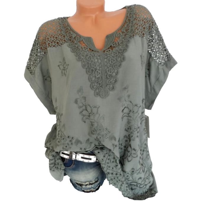 Mode dames T-shirt met kanten V-hals en geborduurde korte mouwen M wit