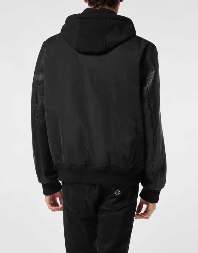 Nylon & Leather Varsity Bomber Hooded Jacket