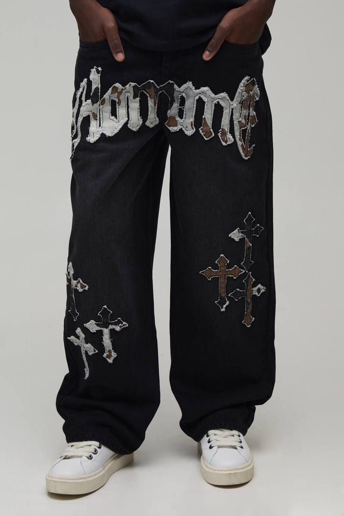 Relaxed Fit Jeans Met Koe-applicatie | Washed Black | Size 36R