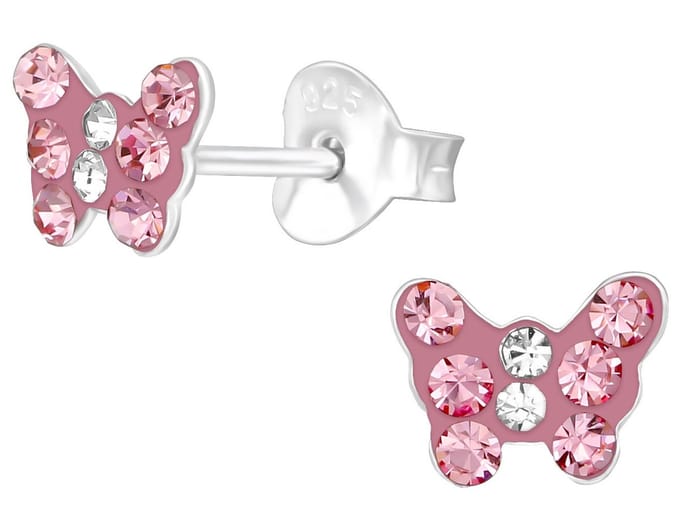 Joy|S - Zilveren vlinder oorbellen - roze kristal - 6 mm