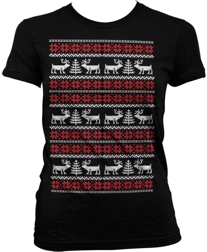 Dames Fun Tshirt -M- Christmas Knit Pattern Zwart
