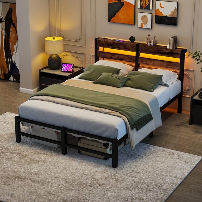 Bedframe - 120x200 cm - LED Verlichting en USB - Opbergruimte onder Bed - Metaal