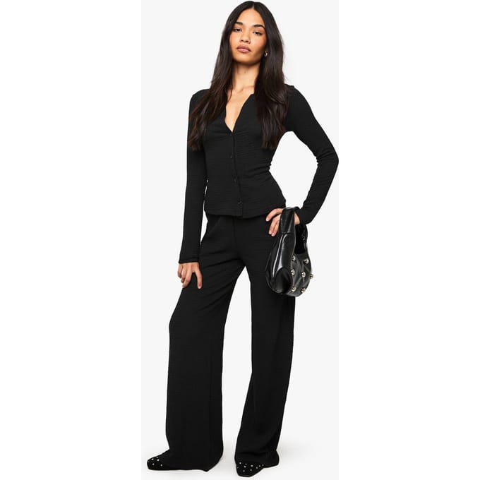 boohoo Dames Getextureerde wijde pijpenbroek | Black | Maat: 16
