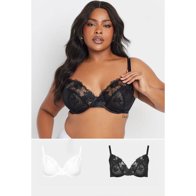 Yours 2 Pack Nietvoorgevormde Bh's Met Bloemenkant En Beugel In Zwart/Wit Size 110F