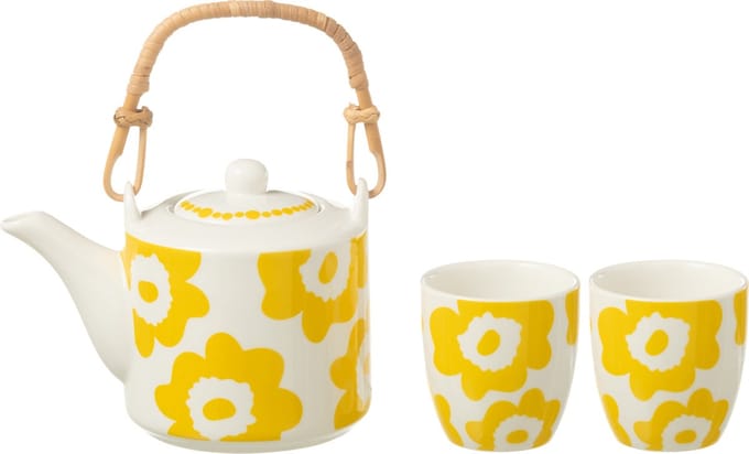 J-Line theepot Bloemen - keramiek - geel - doos van 3 stuks