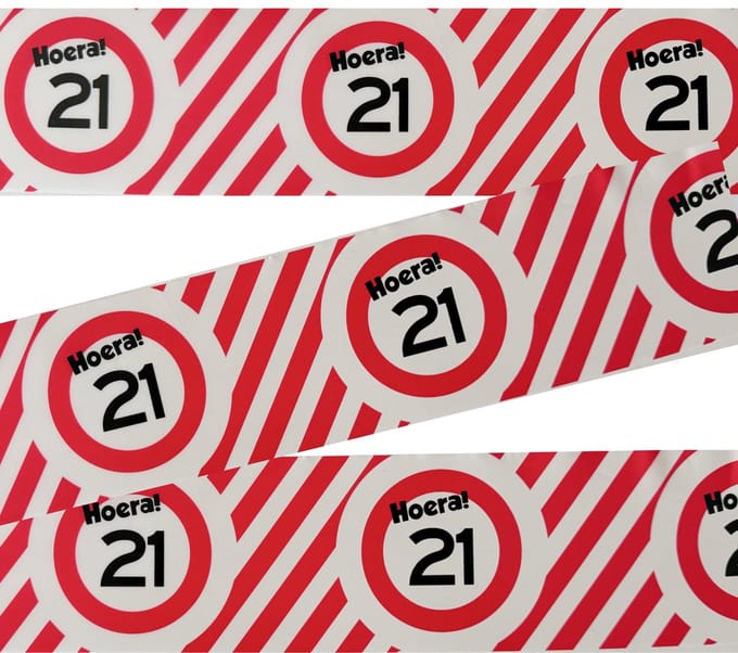 3BMT® Afzetlint - Markeerlint rood wit - 21 jaar - verjaardag - 10 meter