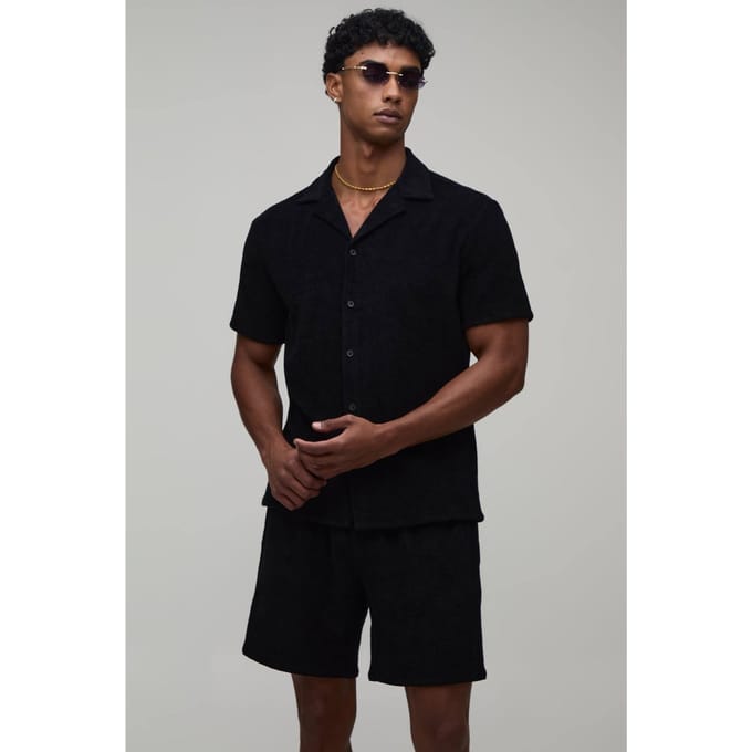 Badstof Regular Fit Overhemdblouse & Relaxed Shorts Set | Black | Size XL