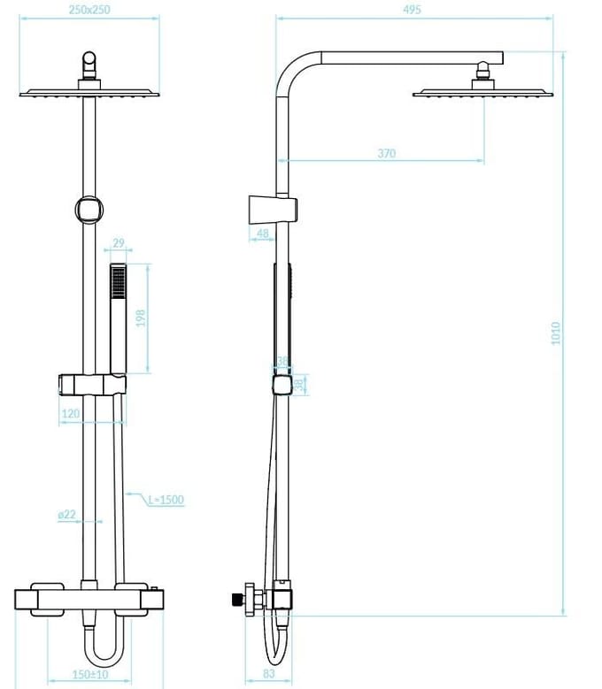 Doucheset met thermostaatkraan, zwart vierkant, messing, compleet