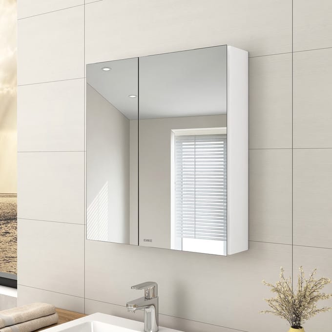EMKE Spiegelkast - Aluminium - Wit - 65x60 cm - 2 Deuren - Soft Close - Extra Spiegels Binnen - Glasplanken