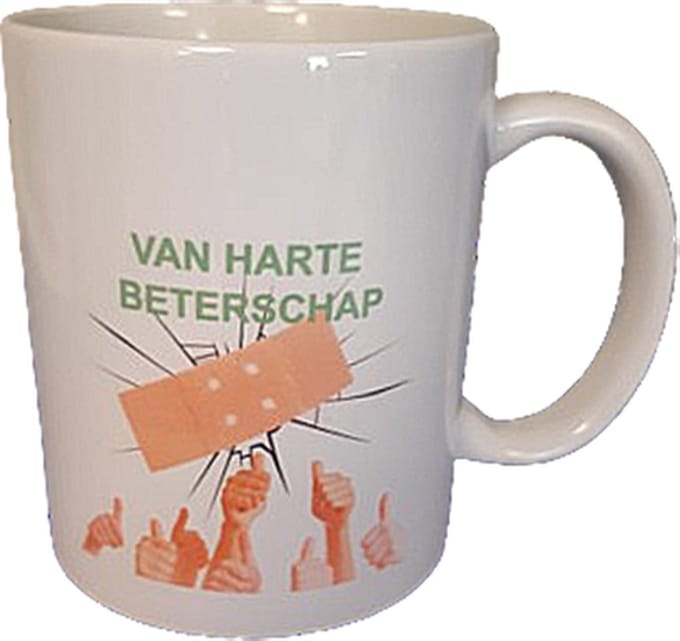 Mok beker Van harte beterschap. Opkikker cadeau. Pleister