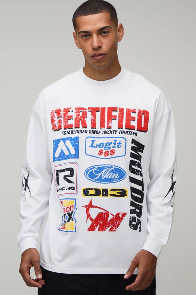 Wit Oversized T-shirt Met Lange Mouwen En Motoprint | White | Size Large