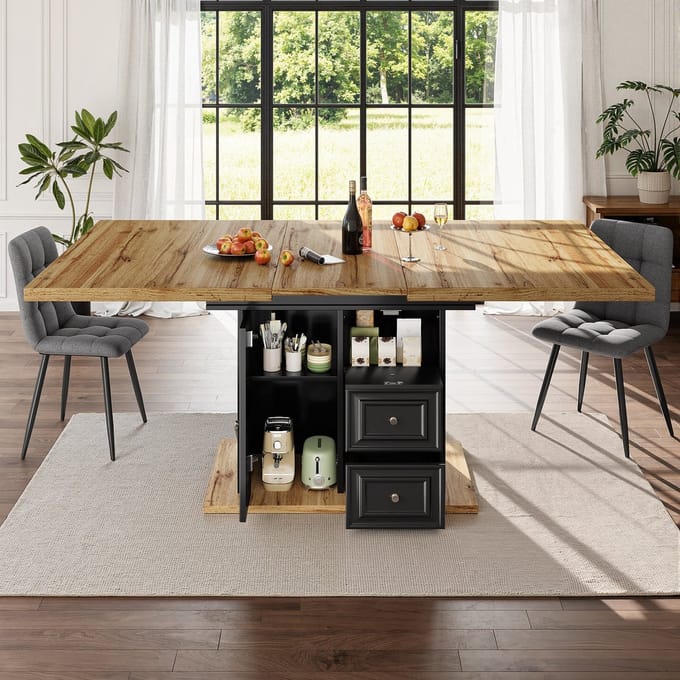 Sweiko Eettafel - Uitschuifbaar 140 cm - Houtnerf tafelblad - 2 lades - Opbergplank - Zwart + naturel