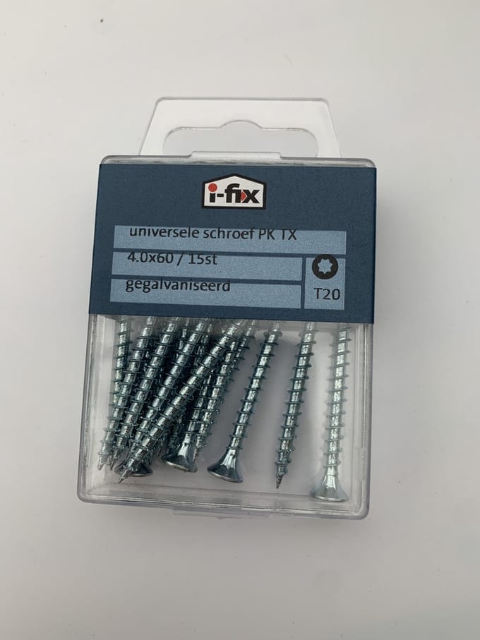 Hout schroef. 4.0 x 60mm. lang.platkop. torx. 15 stuks verzinkt. I-fix.
