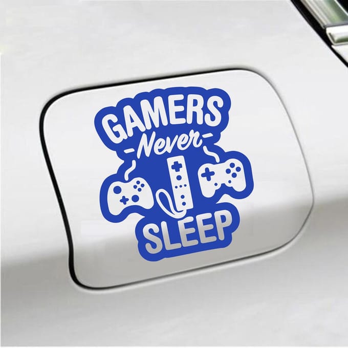 Bumpersticker - Gamers Never Sleep - 12,4 X 11,4 - Blauw