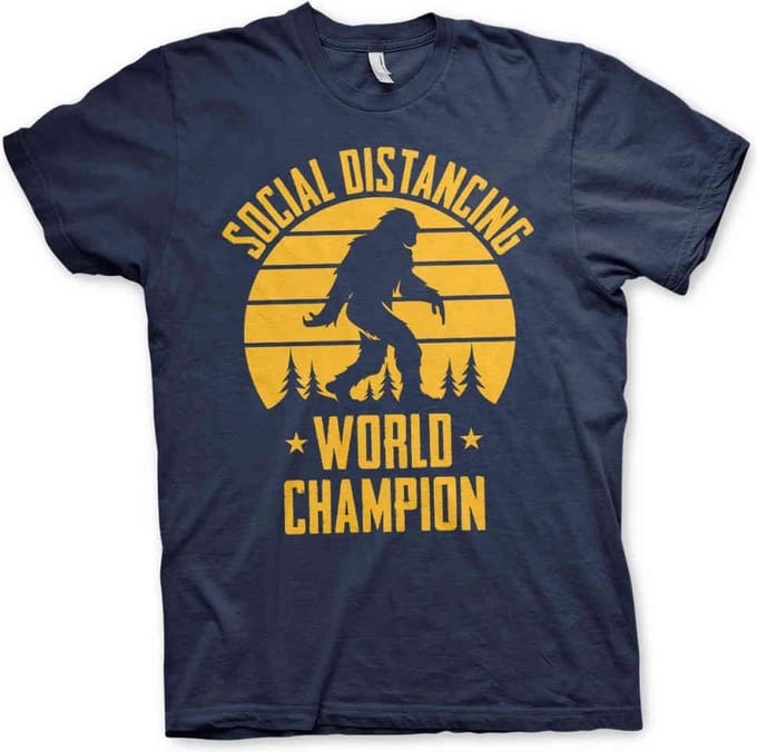 Heren Fun Tshirt -M- Social Distancing World Champion Blauw