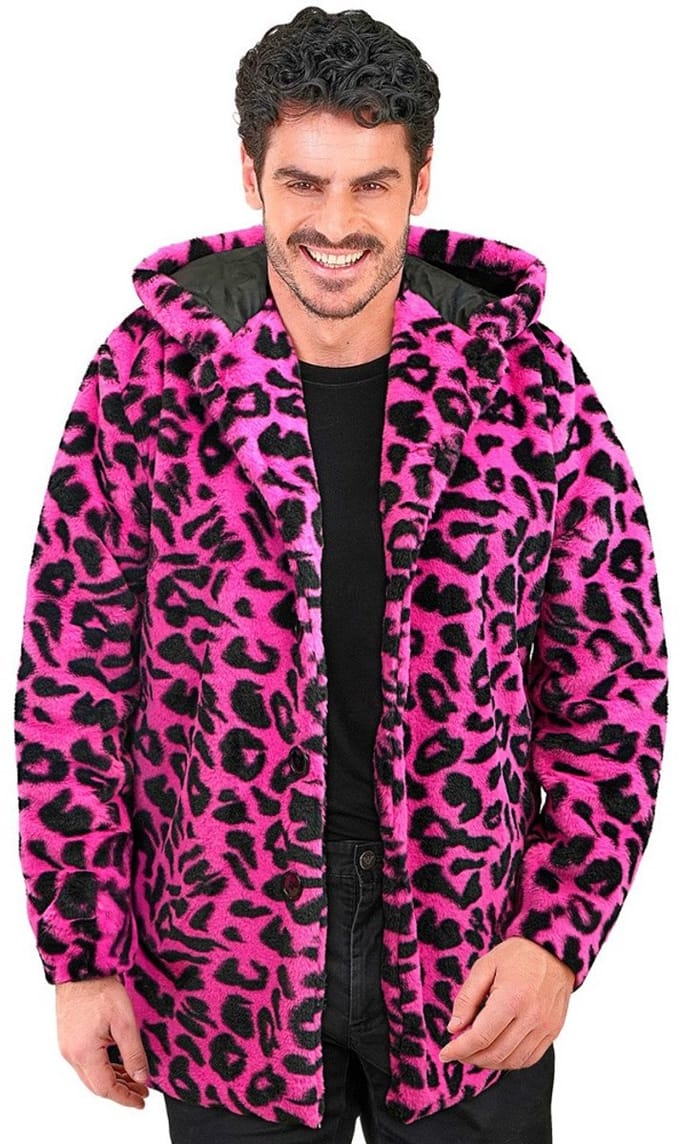 Bontjas met Kap Pluche Luipaard Neon Roze - Maat S-M