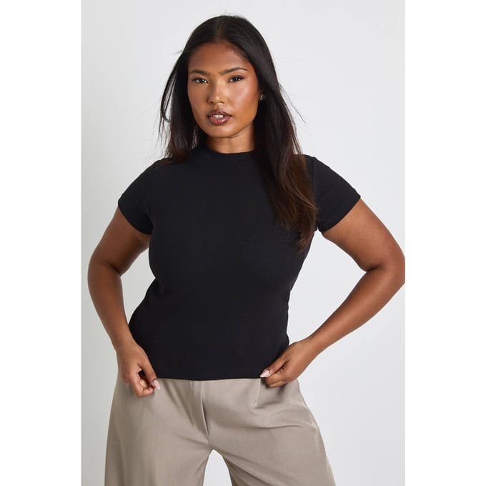 boohoo Dames Plus Basic Geribbeld Korte Mouw Getailleerde Top | Zwart | Maat: 44