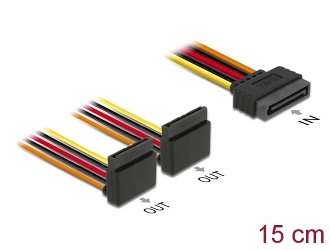 Delock Cable SATA 15 pin power plug with latching function > 2 x SATA 15 pin power receptacle up 15 cm