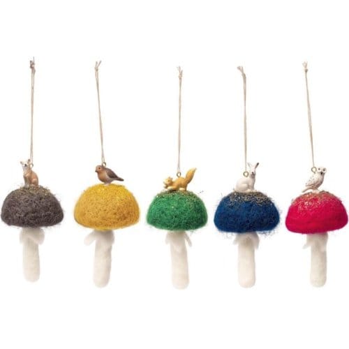Kerst hanger paddenstoel met winterdieren 6 assorti
