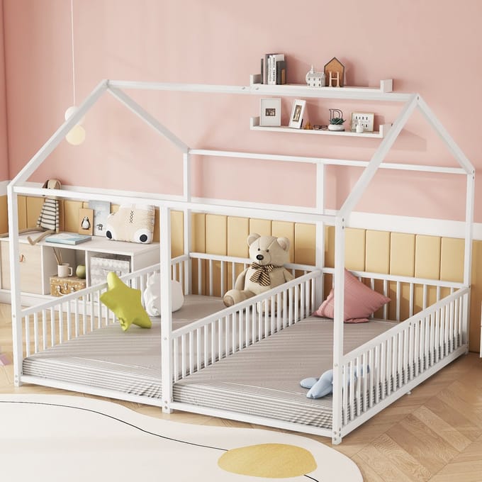 Sweiko Kinderbed - 90*200 cm x 2 - zonder matras - huismodellering - 2 bedden - wit