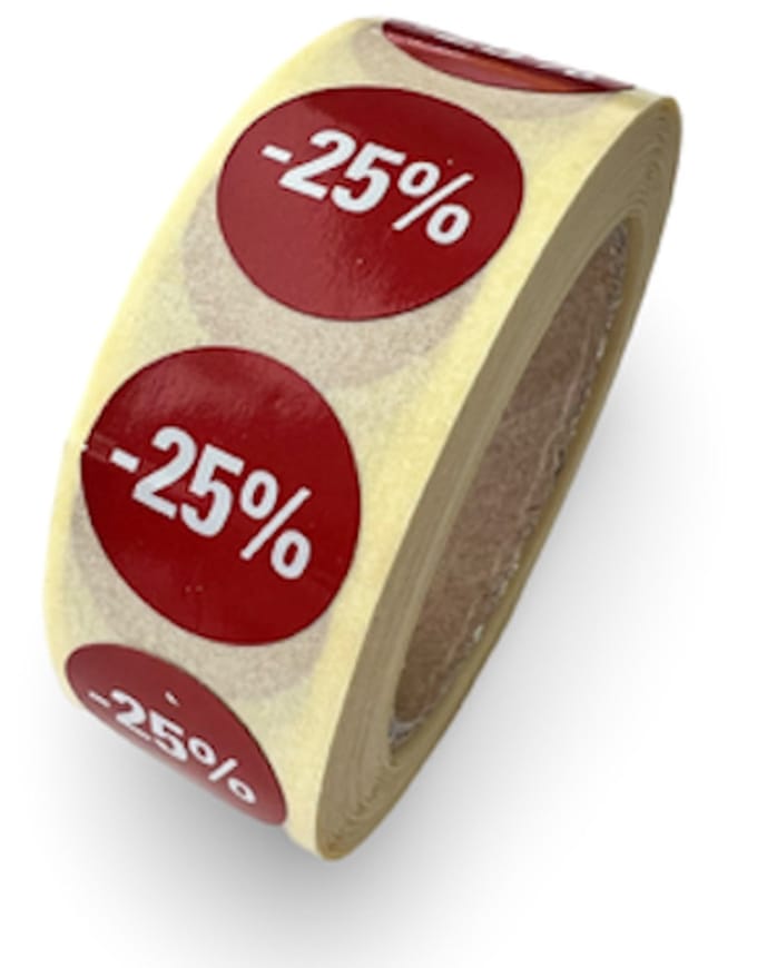 Kortings etiket op rol 25% - 500 stuks - rond 20mm