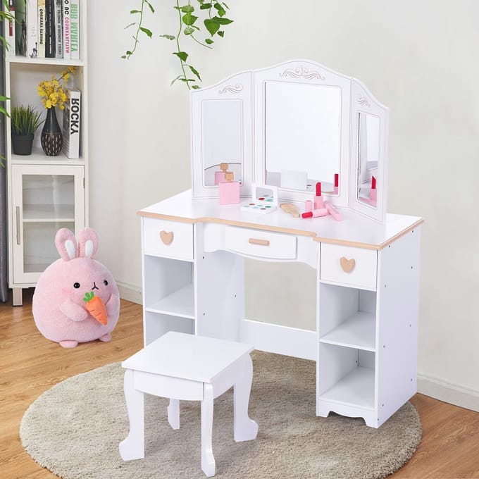 Kaptafel - Drievoudige Spiegel 3 Laden 4 Legplanken - met Kruk - 79,5 × 33 × 99 cm