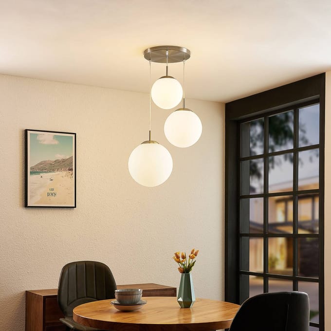 Lindby - hanglamp - 3lichts - Metaal, glas - H: 30 cm - E27 - mat nikkel, opaalwit