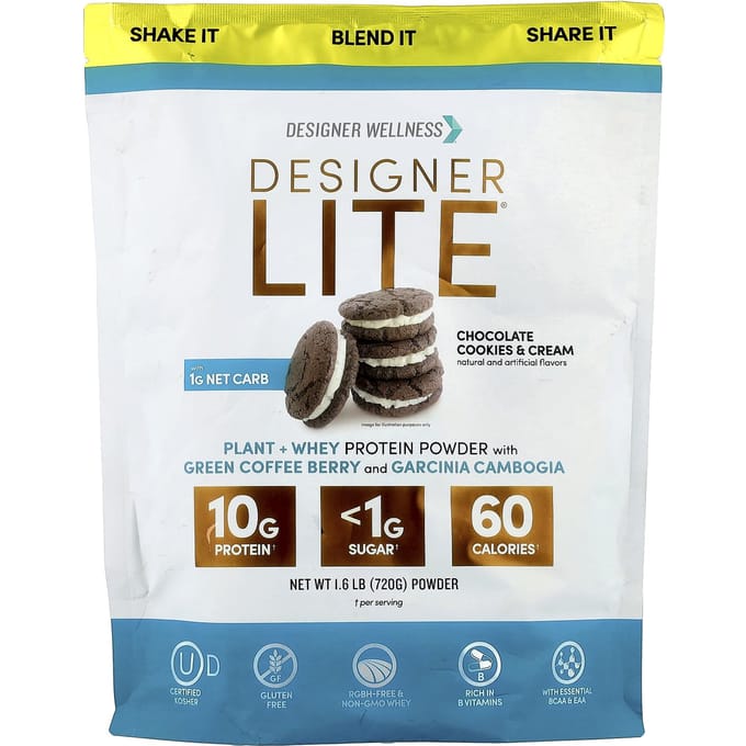 Designer Wellness, Designer Lite®, Plantaardig + Wei Eiwitpoeder, Chocolate Cookies & Cream, 720g (1,6 pond)