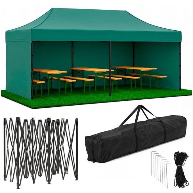 Springos Partytent - 600x300x310xcm - Hoogte Verstelbaar - PVC - Polyester - Harmonica- Frame - Groen