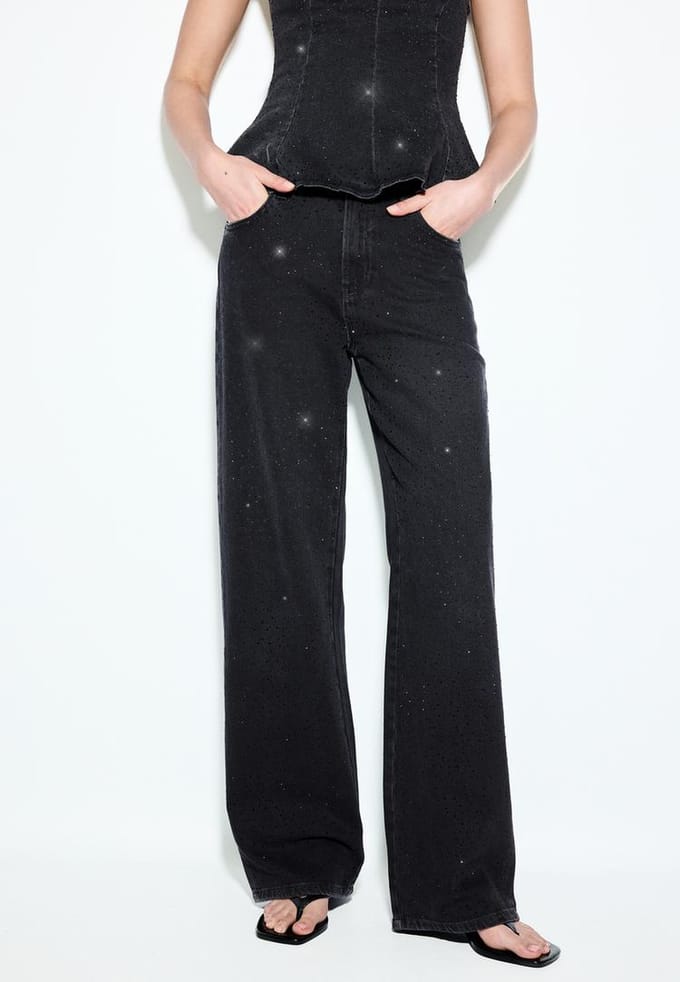 Stradivarius Straight-leg jeans met glitters  ZWART EFFECT DENIM WASSING 44
