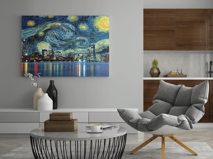 Canvas Schilderij - Abstracte Stad - Van Gogh Stijl - 90x60x2 cm