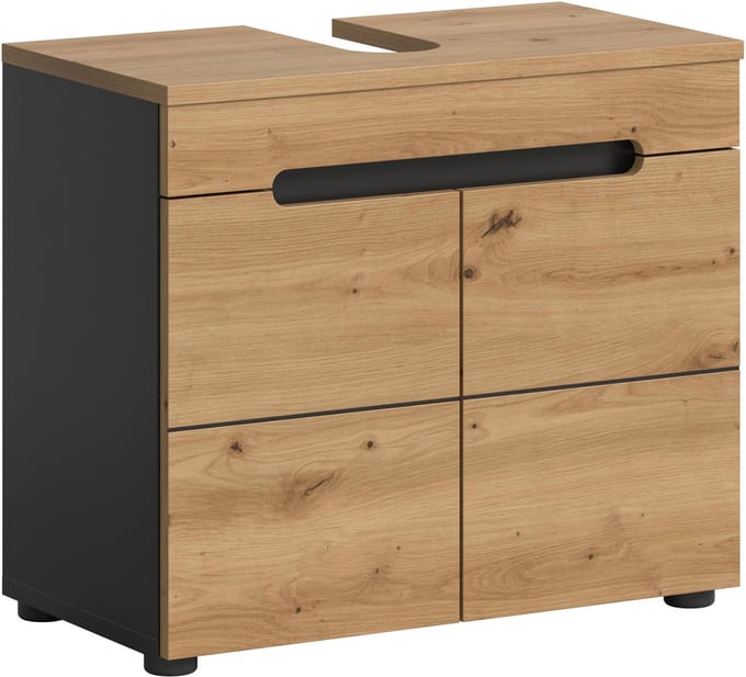 Moderne wastafelkast in basaltgrijs - Compacte badkameropbergoplossing op wielen - 63x55x34cm