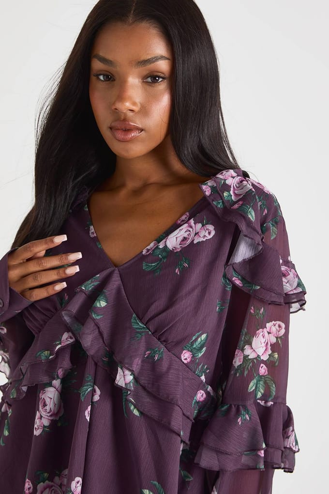 boohoo Dames Florale ruche chiffonblouse | Plum | Maat: 6