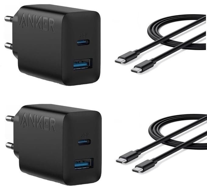 Anker USB-C oplader - (20W) 2-port oplader 2-PACK + USB-C naar USB-C kabel 1,5M 2-PACK Zwart